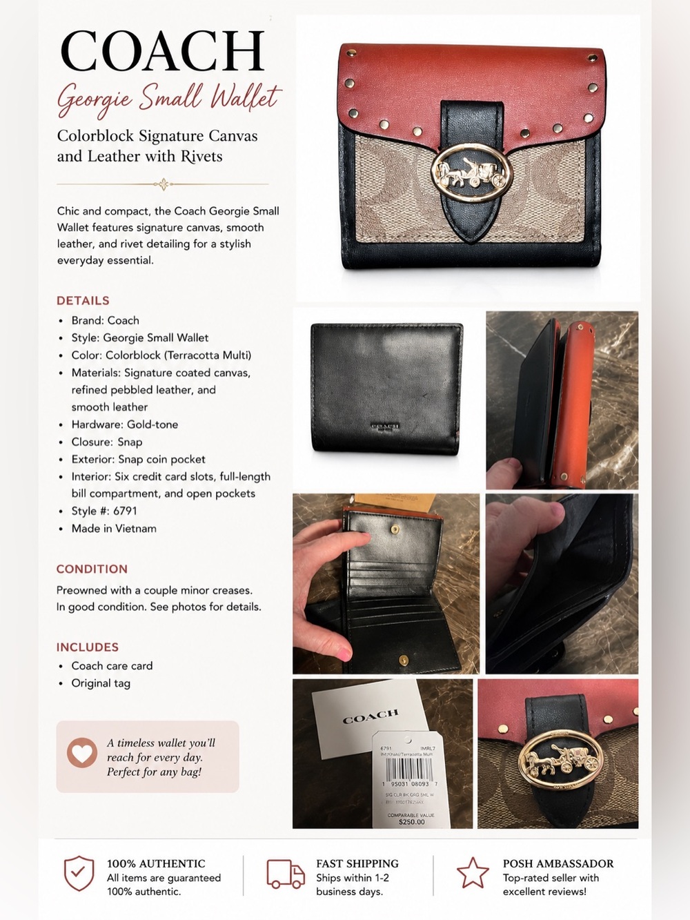 Coach Georgie Small Wallet Colorblock Signature Canvas and leather with Rivets